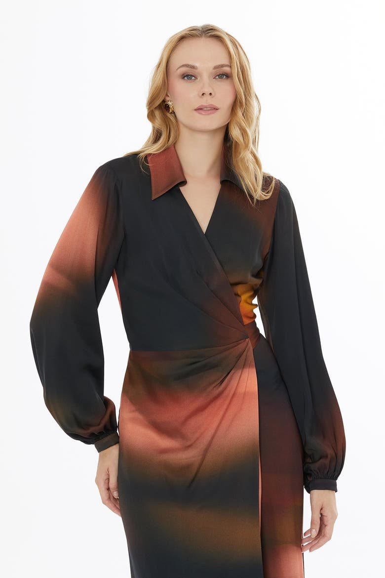 V-Neck Wrap Buttoned Long Sleeve Midi Dress, Alternate, color, Brown