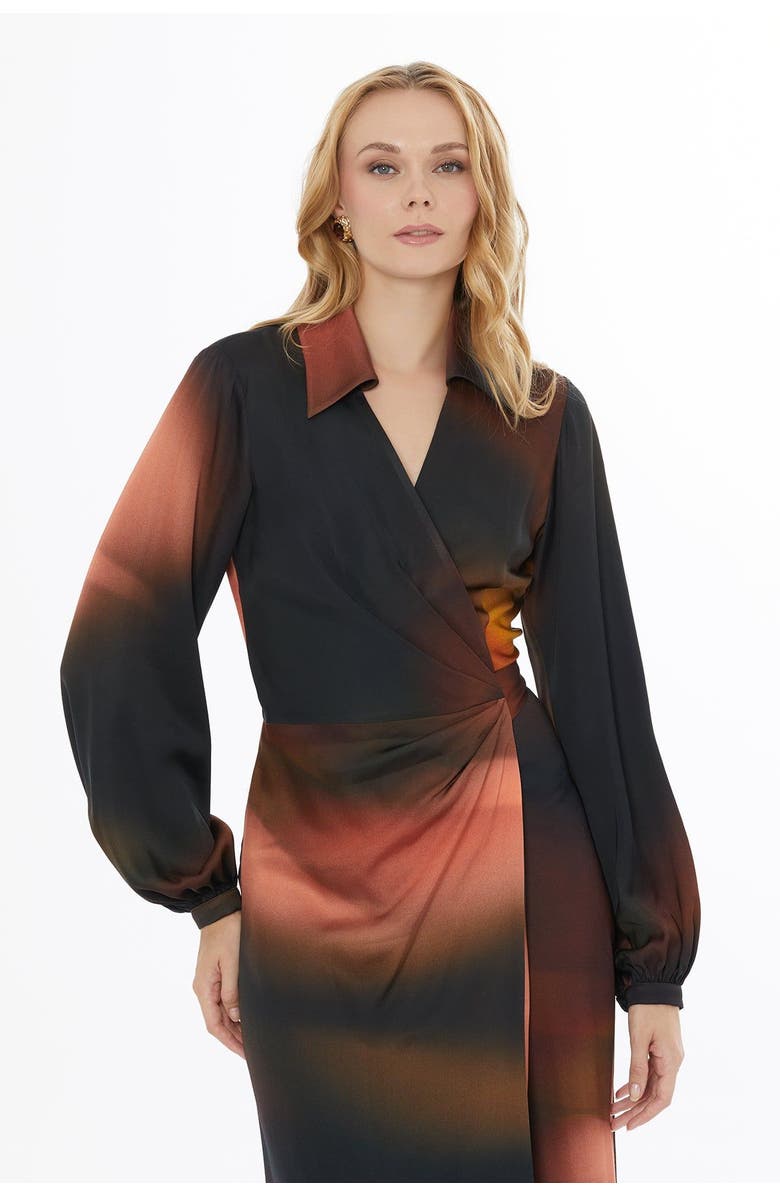 Gizia V-Neck Wrap Buttoned Long Sleeve Midi Dress, Alternate, color, Brown