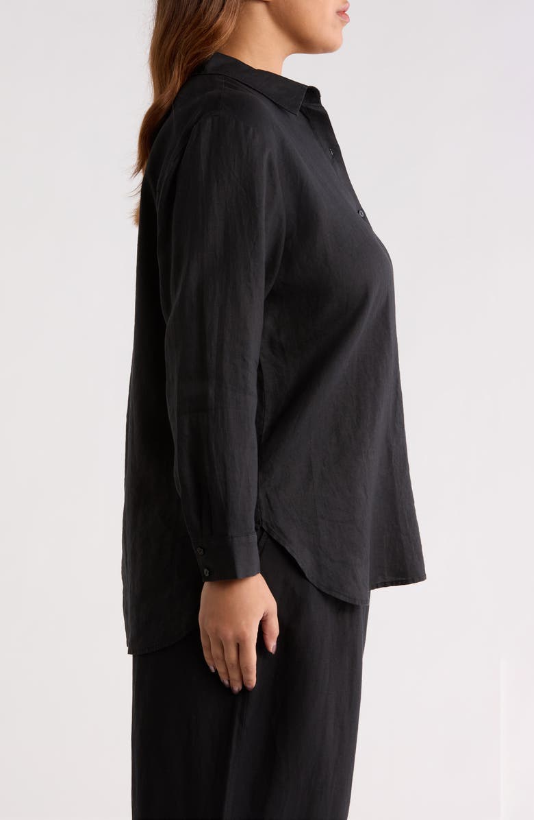 Eileen Fisher Classic Collar Organic Linen Long Button-Up Shirt, Alternate, color, Black