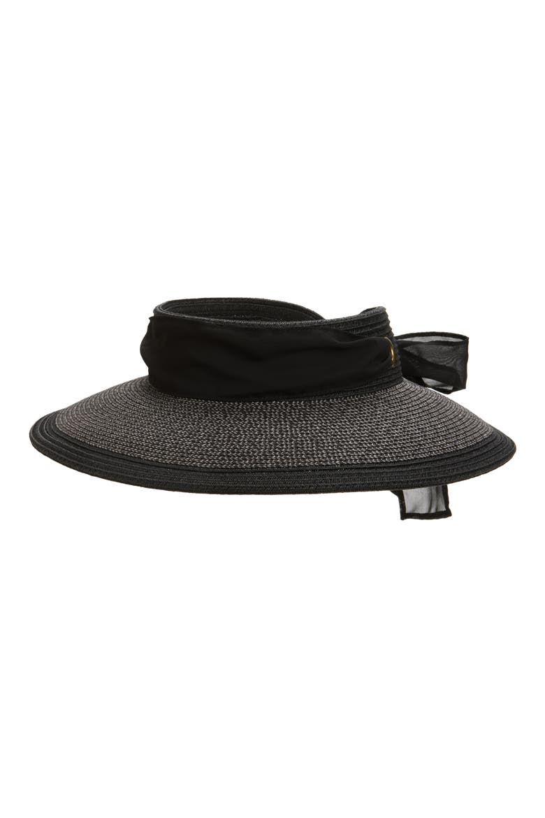 Chiffon Tie Woven Straw Visor, Main, color, BLACK MULTI