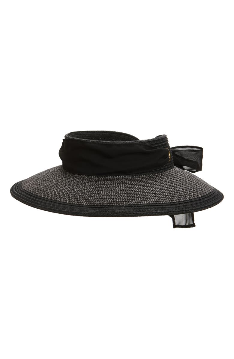 Vince Camuto Chiffon Tie Woven Straw Visor, Main, color, Black Multi