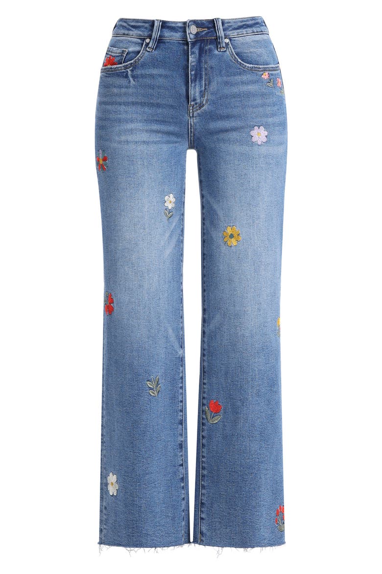 Embroidered Raw Hem Mid Rise Wide Leg Jeans, Alternate, color, MEDIUM BLUE