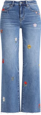 Bayeas Embroidered Raw Hem Mid Rise Wide Leg Jeans