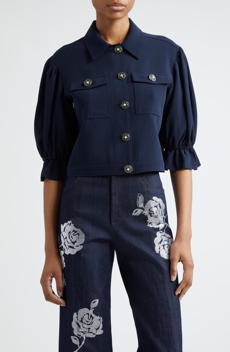 Cinq à Sept Julieta Flower Button Crop Jacket, Main, color, Navy