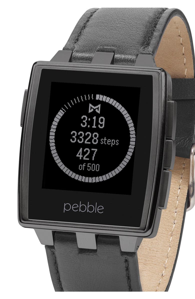 Pebble Rectangular Leather Strap Smart Watch, 43mm, Alternate, color, 