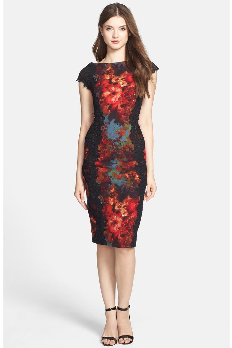 Lace Appliqué Floral Print Sheath Dress, Alternate, color, SLATE/ CARMINE