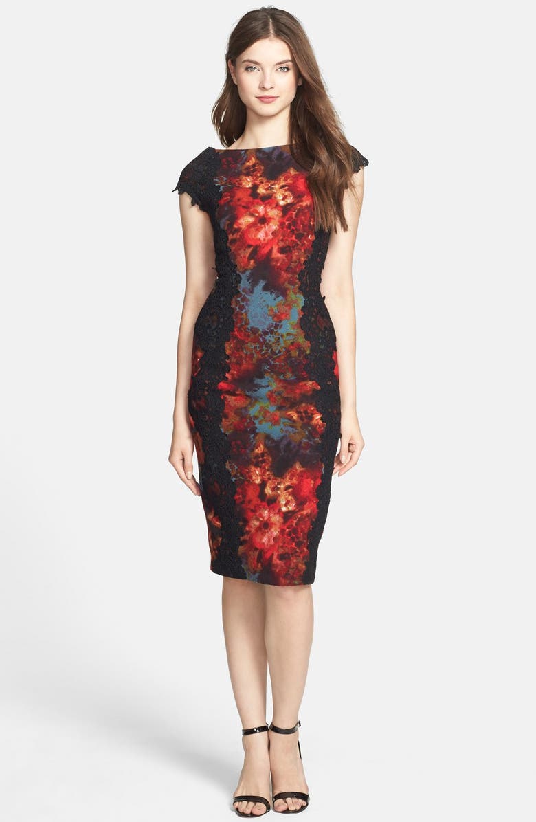 Maggy London Lace Appliqué Floral Print Sheath Dress, Alternate, color,