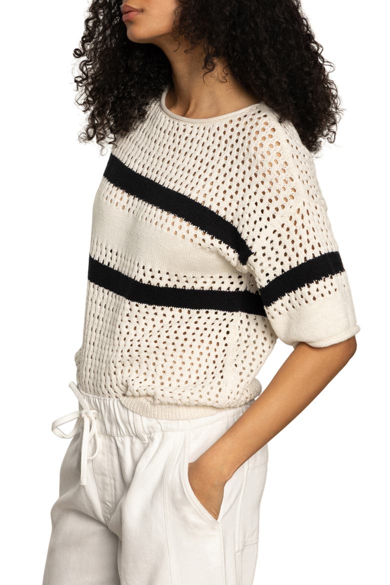 Stripe Open Stitch Elbow Sleeve Cotton Sweater, Alternate, color, BLACK/ CHALK STRIPE