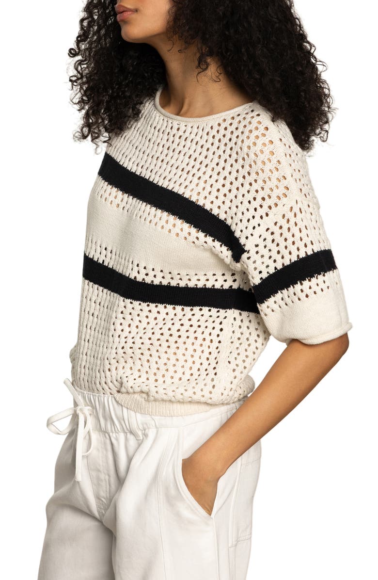 Sanctuary Stripe Open Stitch Elbow Sleeve Cotton Sweater, Alternate, color,