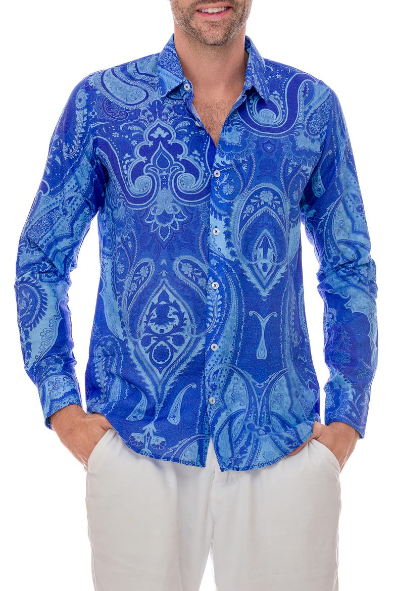 Paisley Linen Blend Button-Up Shirt, Main, color, LAVENDER