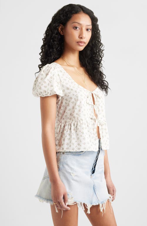 Bp. Tie Front Cotton Poplin Top In Ivory- Pink Sprig Ditsy