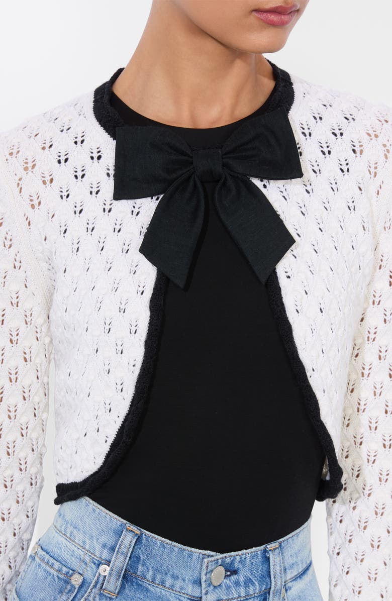 Alice + Olivia Dannie Bow Accent Open Stitch Cotton & Wool Cardigan, Alternate, color, Soft White/ Black