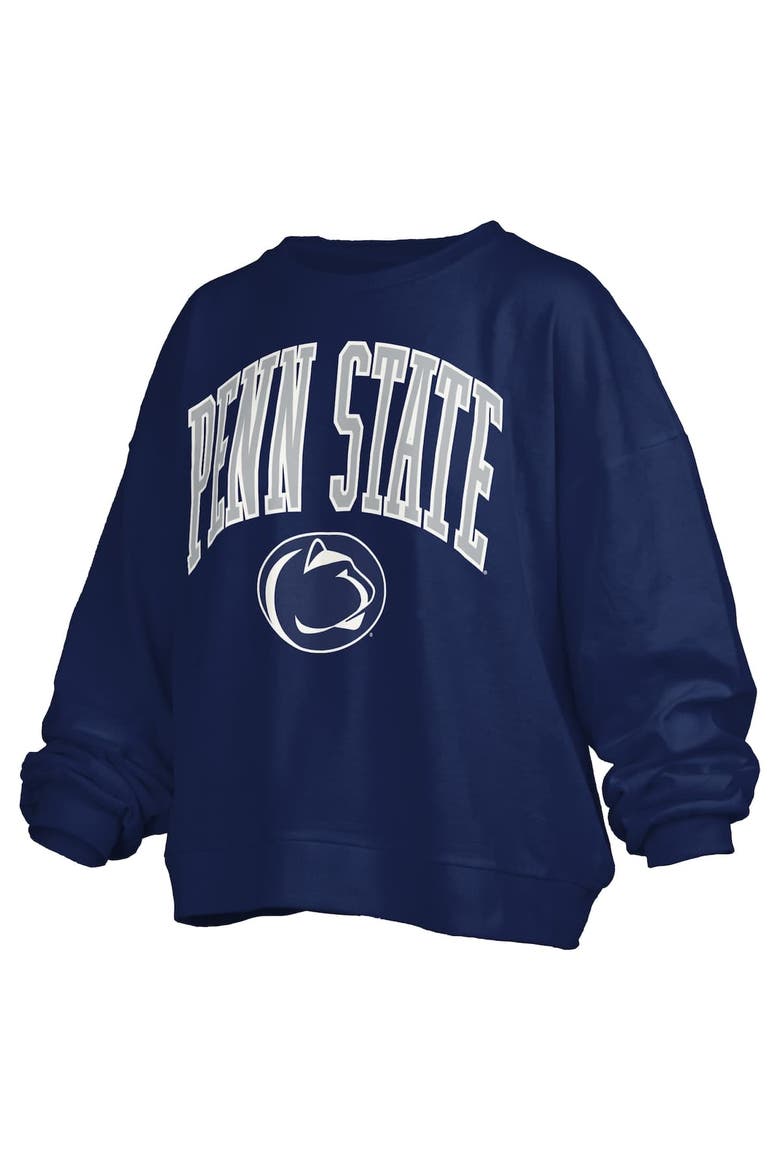 Women's Pressbox Navy Penn State Nittany Lions Janise Arch Over Logo Waist Length Oversized Pullover Sweatshirt, Alternate, color, Navy