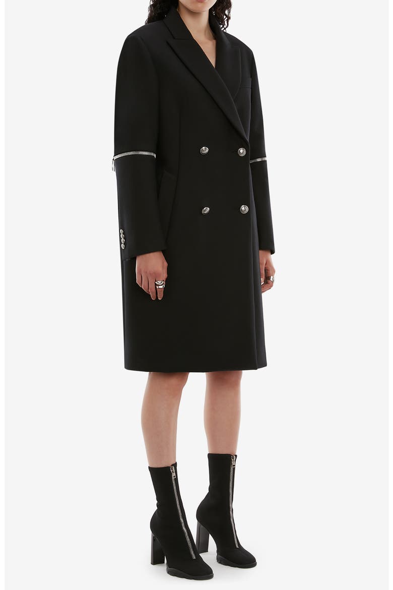 Alexander McQueen Spiral Zip Oversize Wool Coat, Alternate, color, BLACK