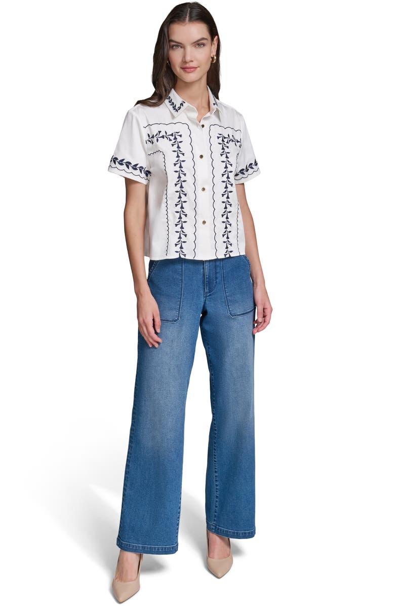 KARL LAGERFELD PARIS <p>Embroidered Button-Up Shirt</p>, Alternate, color, Soft White