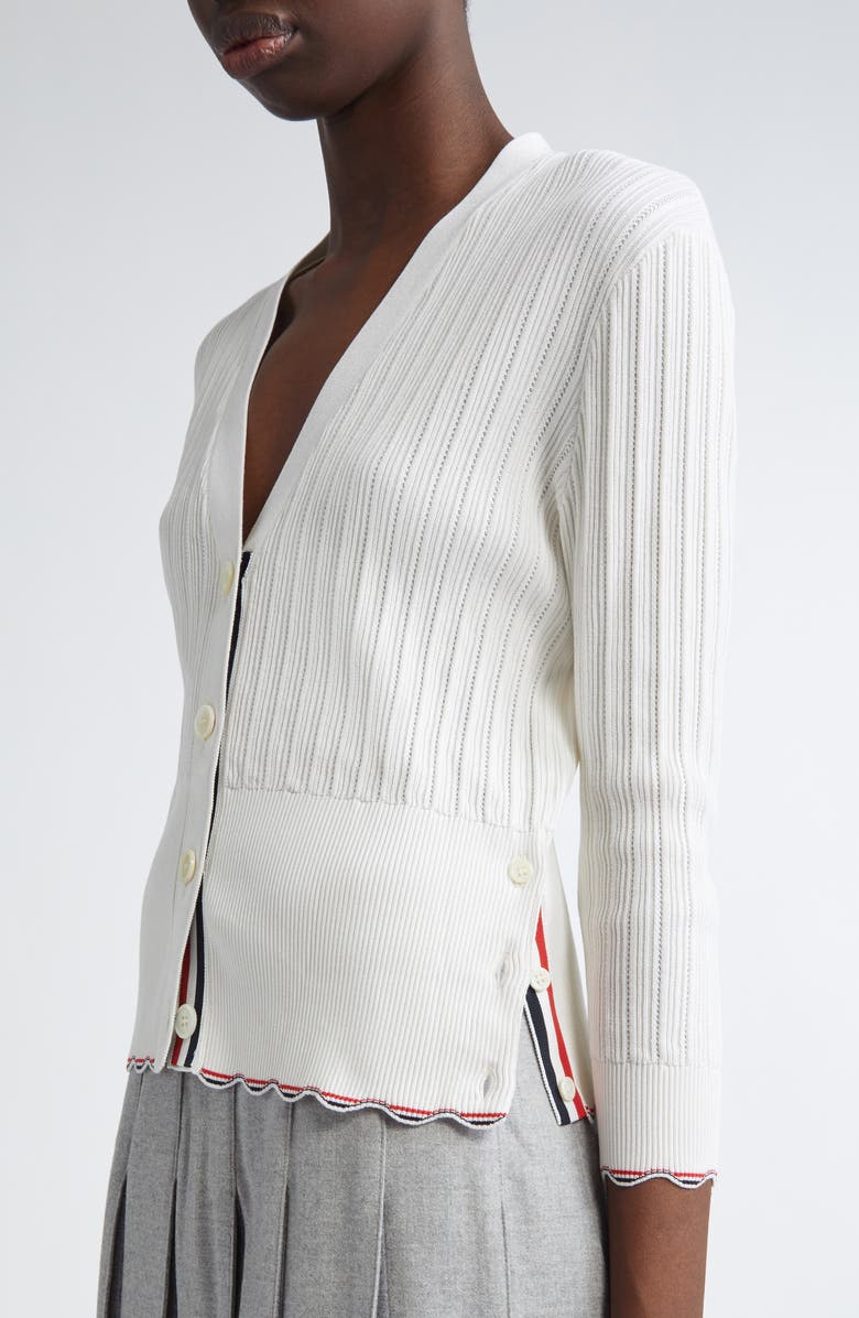 Thom Browne Pointelle & Rib Silk & Cotton Cardigan, Alternate, color, White