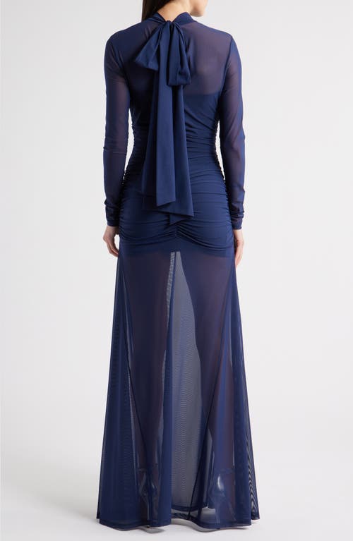 Black Halo Elvira Long Sleeve Gathered Mesh Evening Gown In Blue