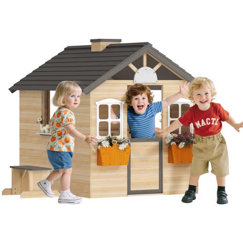 Outsunny Wooden Playhouse with Working Door, Windows, Bench, Service Station, Flower Pot Holder in Natural Wood Finish 