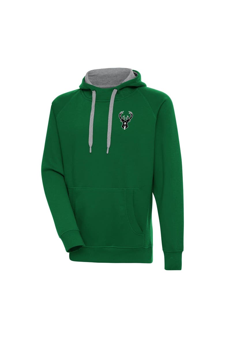 Men's Antigua Hunter Green Milwaukee Bucks Metallic Logo Victory Raglan Pullover Hoodie, Main, color, Hunter Green