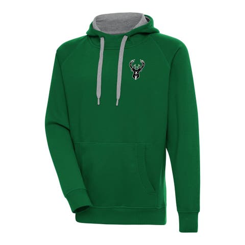 Men's Antigua Hunter Green Milwaukee Bucks Metallic Logo Victory Raglan Pullover Hoodie