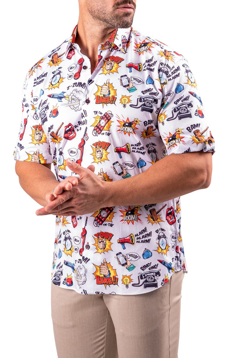 Maceoo Galileo Resistance0351 White Cartoon Print Short Sleeve Button-Up Shirt, Alternate, color, 