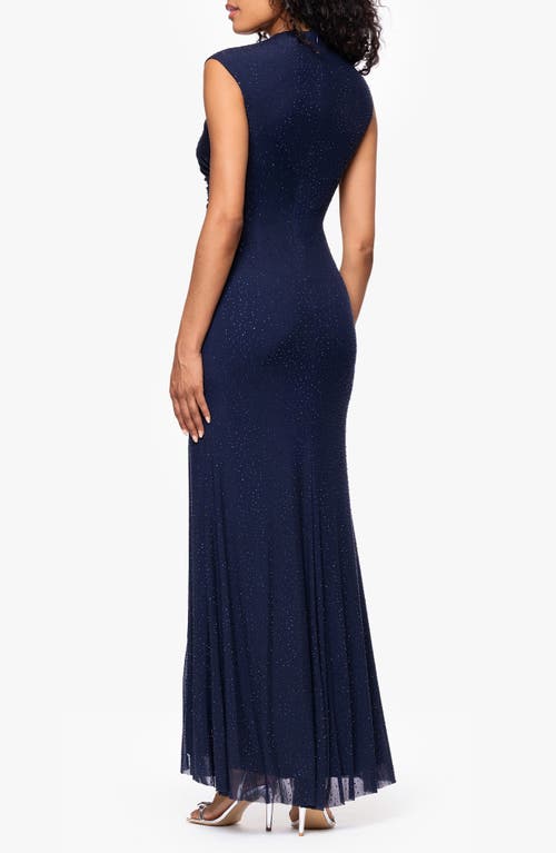 Betsy & Adam Crystal Stud Detail Powermesh Sheath Gown In Blue