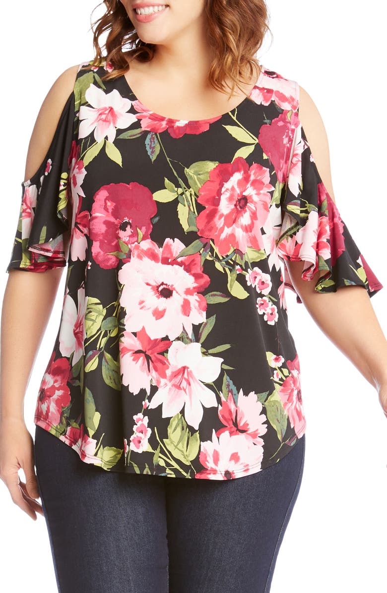 Karen Kane Ruffle Sleeve Floral Cold Shoulder Top, Main, color, 