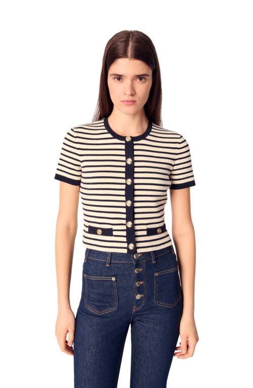 Maje Striped Short-sleeve Cardigan In Ecru/navy Blue