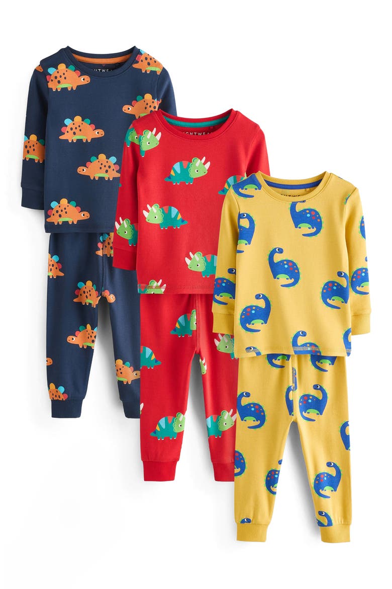 3-Pack Assorted Dino Fitted Two-Piece Stretch Cotton Pajamas, Main, color, MULTI