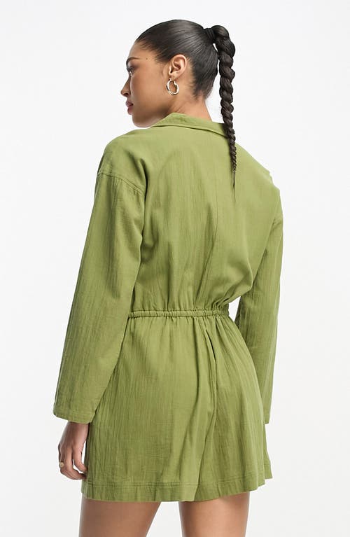 Asos Design Slouchy Linen Look Shirt Romper With Long Sleeve In Olive-green In Brown
