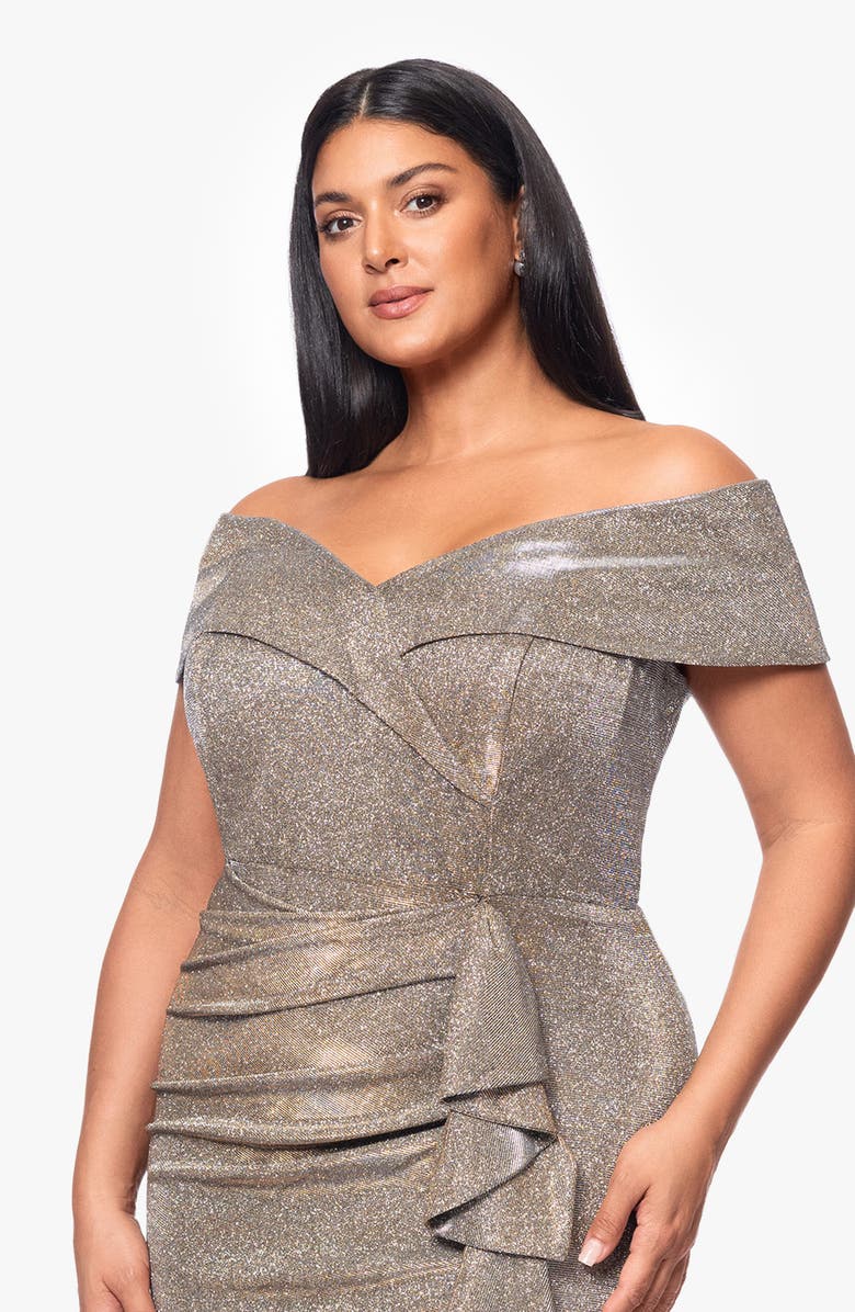 Xscape Evenings Raveena Foil Knit Off the Shoulder Ruched Gown, Alternate, color, Sand