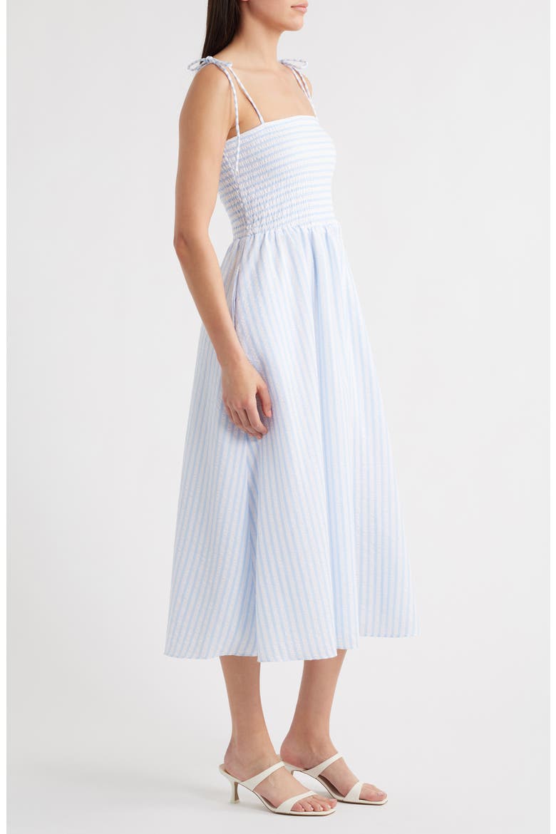 Tie Shoulder Smocked Midi Dress, Alternate, color, BLUE WHITE