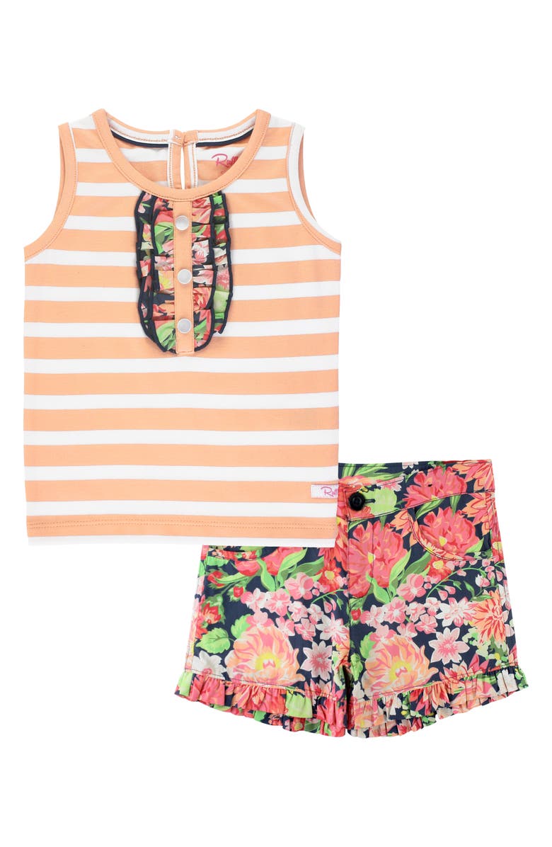 RuffleButts Stripe & Floral Tank & Ruffle Shorts Set, Main, color, 