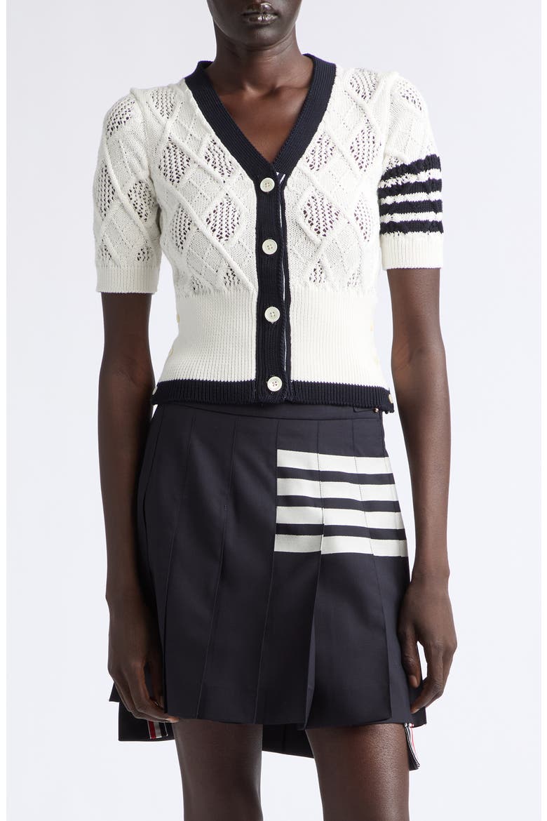 4-Bar Argyle Pointelle Stitch Short Sleeve Cardigan, Main, color, WHITE