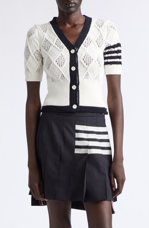 4-Bar Argyle Pointelle Stitch Short Sleeve Cardigan