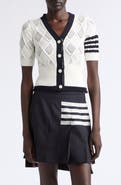 Thom Browne 4-Bar Argyle Pointelle Stitch Short Sleeve Cardigan