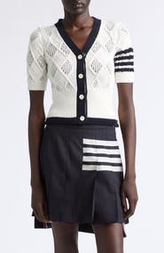 Thom Browne 4-Bar Argyle Pointelle Stitch Short Sleeve Cardigan