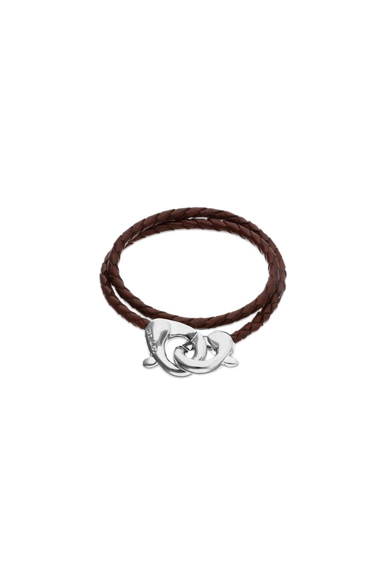 Brown double leather strap with sterling silver-plated interlocking carabiner detail, Main, color, Silver