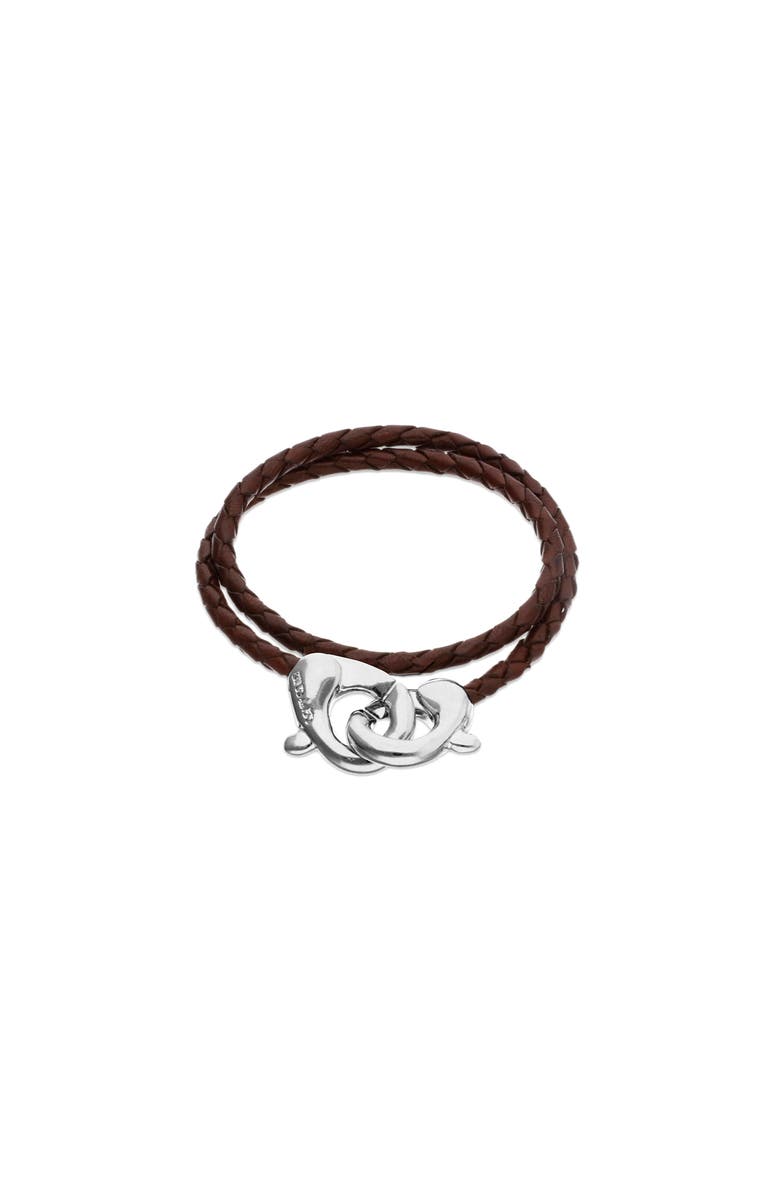 UNODE50 Brown double leather strap with sterling silver-plated interlocking carabiner detail, Main, color, Silver