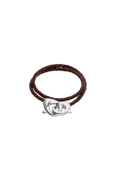 Brown double leather strap with sterling silver-plated interlocking carabiner detail