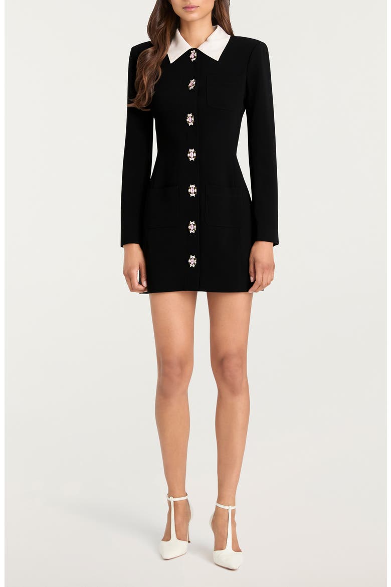 Sheryl Crystal Button Long Sleeve Coat Minidress, Main, color, BLACK/ IVORY