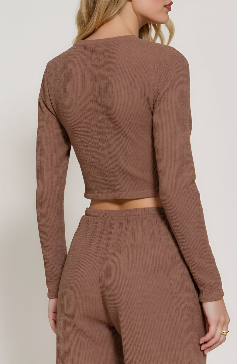 Modenaire Ribbed Long Sleeve Crop Top and Wide Leg Lounge Pants Set with Drawstring, Alternate, color, Brown
