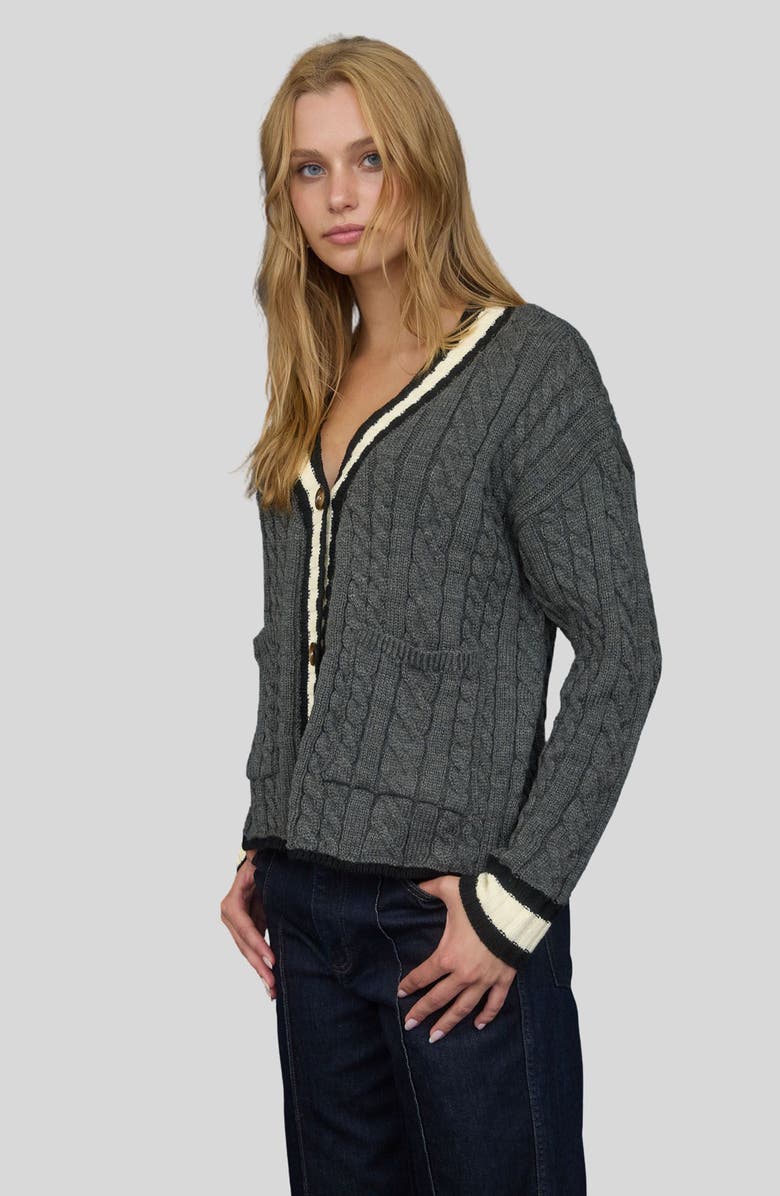 Blu Pepper Stripe Trim Cable Stitch Cardigan, Alternate, color, Grey