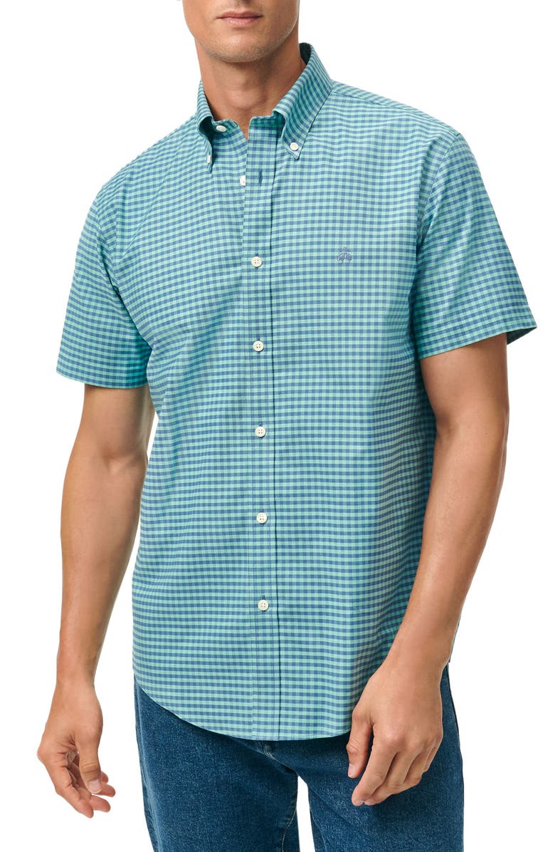 Brooks Brothers Regular Fit Gingham Check Non-Iron Short Sleeve Stretch Cotton Button-Down Oxford Shirt, Main, color, 