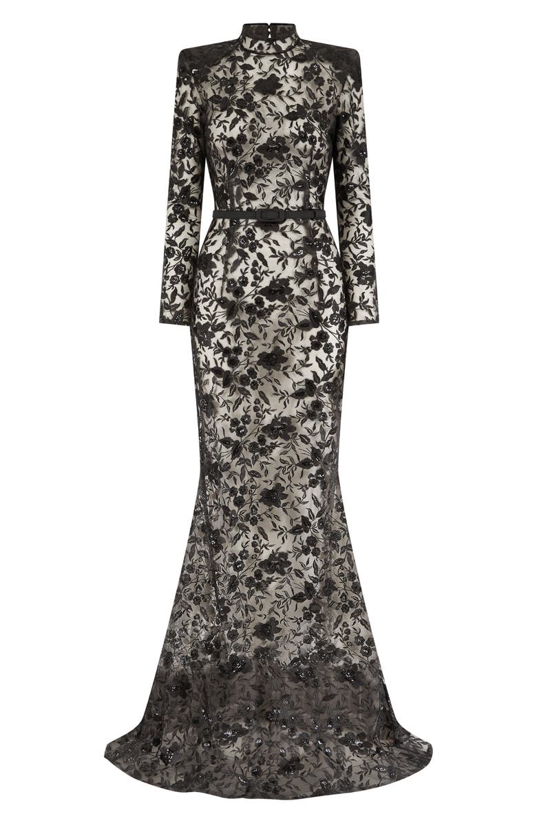 NADINE MERABI Gabriella Sequin Floral Long Sleeve Mermaid Gown, Alternate, color,