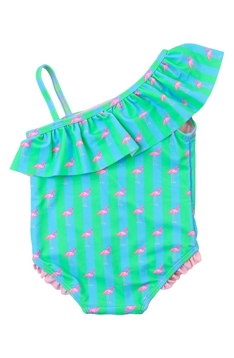 RuffleButts Kids' Neon Flamingo Stripe One-Shoulder One-Piece Swimsuit, Alternate, color, Green