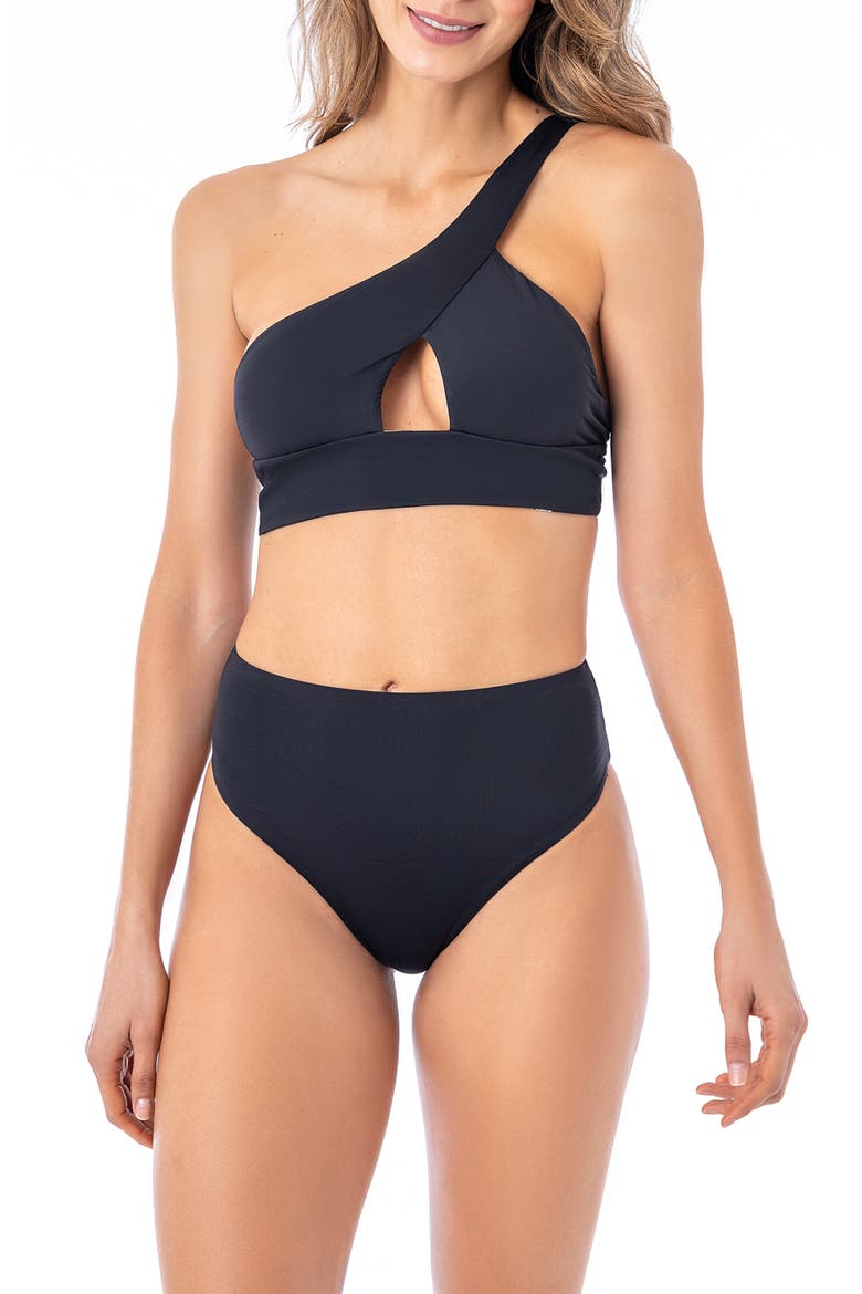 Tamara One-Shoulder Cutout Reversible Bikini Top, Alternate, color, BLACK