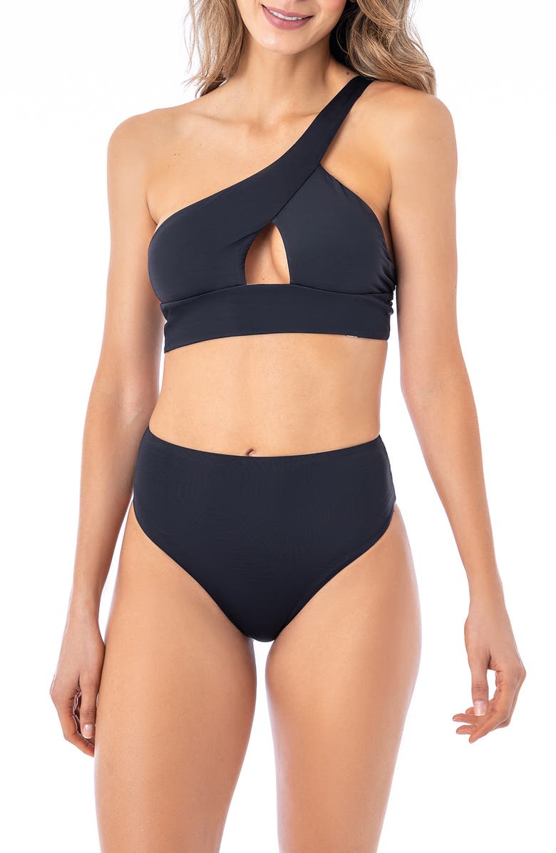 Maaji Tamara One-Shoulder Cutout Reversible Bikini Top, Alternate, color, Black
