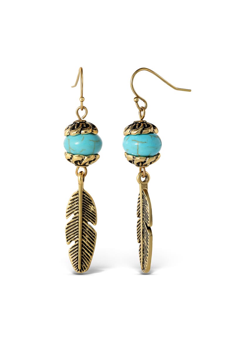 Turquoise Bead Feather Drop Earrings, Main, color, Gold, Turquoise