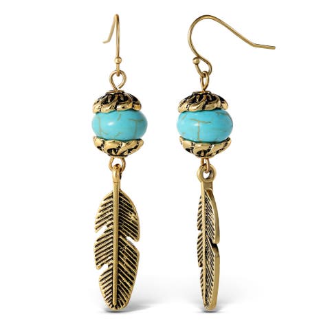 Turquoise Bead Feather Drop Earrings